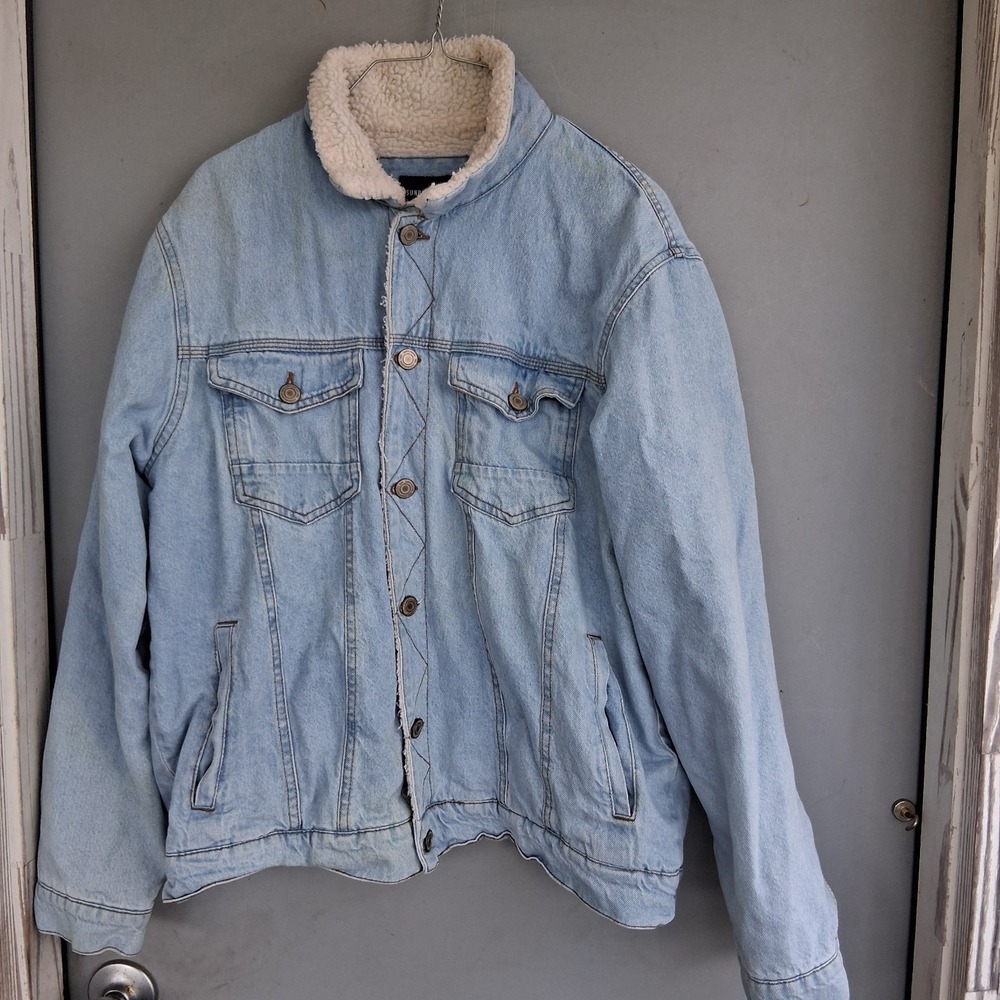 Vtg 90s Sunrise Kingdom Mens Jean Jacket Sherpa Lined Denim Trucker Light Wash L